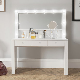 BOAHAUS LLC Boahaus Calliope Modern Makeup Lighted Vanity Table, 3 Drawers, Light Bulbs, for Bedroom