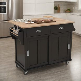 AIYCHEN Kitchen Cart with Rubber wood Drop-Leaf Countertop, Concealed sliding barn door adjustable height,Kitchen Island on 4 Wheels with Storage Cabinet and 2 Drawers,L52.2xH36.6 inch