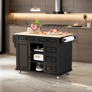 AIYCHEN Kitchen cart with Rubber wood desktop rolling mobile kitchen island with storage and 5 draws 53 Inch length