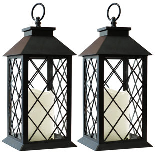 BEACHWATER POOL & SPA, LLC 2-Pack 13.5" Vintage Candle Lantern With LED Pillar Candle (Black, 6Hr Timer) - IP44 Waterproof Battery Powered Candle Lantern - Outdoor Patio Hanging Lantern Decorative Tabletop Lantern