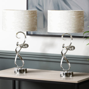 ASTORIA GRAND Gavina 56cm Luxury Table Lamp, Bedside Buffet Lamp With Shiny Metal Base & Velvet Shade (Set of 2)