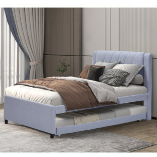 SUMIJ Full Size Upholstery Platform Bed with Trundle, Modern Bed Frame with Linen Headboard for Kids, Adults