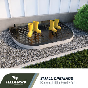 BJORN WOODWORKS Victorian Window Well Covers, Basement Victorian Pattern Well Cover, Powder Coated Black, D - Shaped Egress Covering Semi-Universal Fit. 38”X58” Sizing. Feldhawk Outdoors.