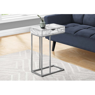 BLENDOI BROOKE Accent Table, C-shaped, End, Side, Snack, Storage Drawer, White Marble Look Laminate, Grey Metal