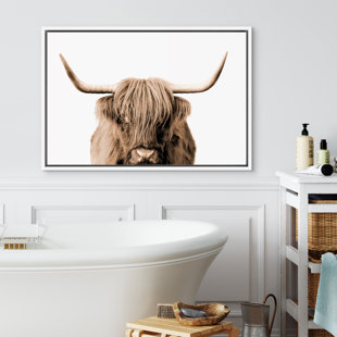 SIGNLEADER Brown Cute Highland Cow Animals Neutral Warm Pictures Home Decor - Framed Canvas Print Wall Art Work