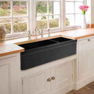 Whitehaus Collection 36" Reversible Large and Small Bowl Fireclay Kitchen Sink: 2½” lip Front Apron