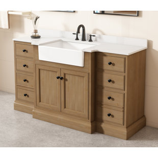 MAXBANO Farmhouse 60" Single Bathroom Vanity With White Rectangle Sink In Weather Fir Color, Solid Wood