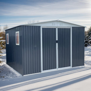 VOLBAL Grey Apex Roof Garden Shed, 10FTx12FT, Aluminum Frame,4 Windows, Lockable Door, Metal Utility Tool House
