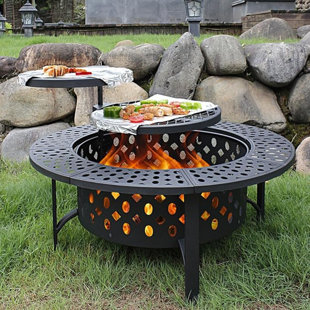 INVENITIAH 36 Inch Fire Pit With 2 Grills, Wood Burning Fire Pits For Outside With Lid, Poker And Round Waterproof Cover, BBQ& Outdoor Firepit & Round Metal Table 3 In 1 For Patio, Picnic, Party