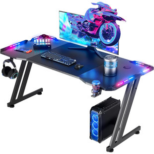 INKEDZ 47 Inch Gaming Desk with LED Lights Carbon Fibre Surface Gaming Table Large Computer Desk Ergonomic Home Office Desks Z Shaped PC Gamer Workstations with Cup Holder & Headphone Hook