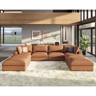 HOKKU DESIGNS Weymouth Modular Sectional Sofa, 152 Inches Down Filled Sectional Sofa, 8 Seats U Shaped Cloud Couch With Chaise, Ottoman, Oversized Couch For Living Room, Brown Anti-Scratch Leathaire Couch Set
