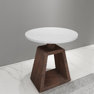 THE URBAN PORT Port Blair Side End Table, Round White Genuine Marble Top With Handcrafted Mango Wood 16.5 Inch