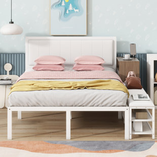 HOME SWEET DREAM JOY Metal Platform Bed with Two-Tier Storage Shelves, Wooden Storage Cabinet