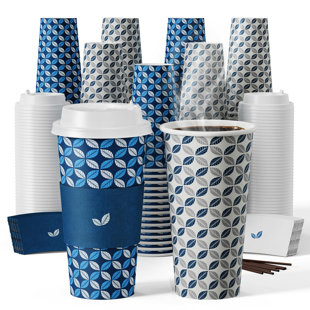 FAST APPLIANCES LLC 100 Pack 20 Oz Paper Coffee Cup, Paper Cups,Cups,Disposable Cups Disposable Printed Paper Drinking Cups With Lids, Sleeves And Stirrers For Home, Business, Restaurant And Cafe (Blue Leaf And Grey Leaf)