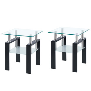 BLENDOI BROOKE Tempered Transparent Glass End Table, 2-Layers Small Table with Storage, Living Room Side Table