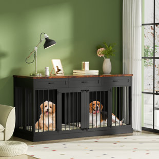 TUCKER MURPHY PET™ NEBZHASK 63'' Large Double Dog Crate Kennel Furniture with Divider and 3 Drawers for 2 Medium Animals Indoor