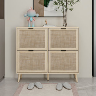 MUSSALLEM AREA RUG SPECIALIST, LLC Natural Charm Rattan 4-Door Shoe Rack, Modern Freestanding Entryway Storage Cabinet