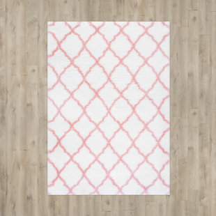HARRIET BEE Cuanaic Trellis Shag Performance White/Pink Rug