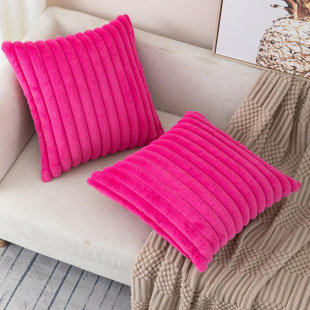 INKEDZ Set of 2 Hot Pink Faux Fur Decorative Throw Pillow Covers Fluffy Striped Pillowcase Cushion Covers 18 x 18 Inch Decor Sofa Couch Bedroom