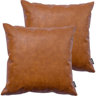 INKEDZ Faux Leather Throw Pillow Covers, 18 x 18 inch Set of 2 Thick Cognac Brown Modern Solid Decorative Square Bedroom Living Room Cushion Cases for Couch Bed Sofa