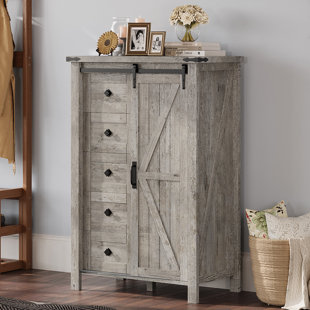 GRACIE OAKS Despres 31.5'' Farmhouse 5 Drawer Tall Dresser with Sliding Barn Doors
