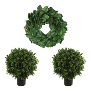 CREATIVE DISPLAYS, INC. 24" Holiday Magnolia Wreath with Two UV Rated Boxwood Drop-Ins