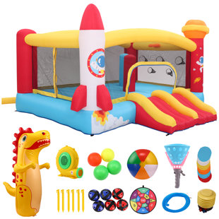 DREAMDWELL HOME 13X11x9ft 8-In-1 Large Kids Rocket Bounce House With Air Blower, Big Jumping Area, Double Slides, Catach Ball Game, Inflatable Dinosaur Punching Bag Indoor Outdoor