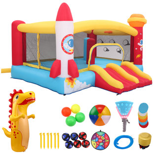 DREAMDWELL HOME 13X11x9ft 8-In-1 Large Kids Rocket Bounce House With, Big Jumping Area, Double Slides, Catach Ball Game, Inflatable Dinosaur Punching Bag Indoor Outdoor,Air Blower Not Included