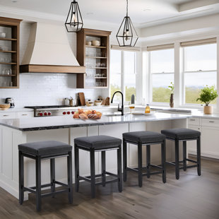 NORTHOBLIQ DIGI 24 Inch Upholstered Faux Leather Soft Cushion Wooden Kitchen Island Counter Height Barstools