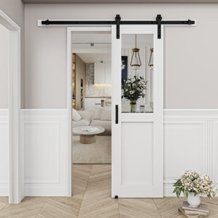 HOME WORTHY Half Glass Mirrored Primed Sliding Barn Door With Installing Hardware Kit(No Assembly Required)