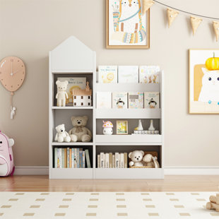 HARPER ORCHARD Kids Wooden Bookshelf Toy Storage Organizer With Bookcase, Bin Storage Unit, Compartments, Baskets, Toys Box Organizer, Multi Shelf Cubby For Books And Toys