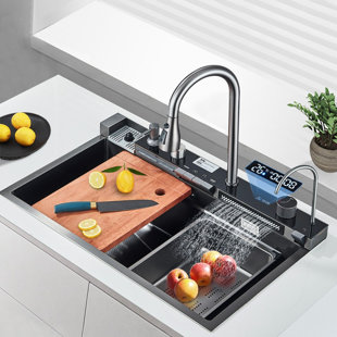 NABIYY Gun Gray Waterfall Family Kitchen Sink Stainless Steel Pull-Out Faucet with Full set