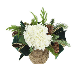 CREATIVE DISPLAYS, INC. Holiday Hydrangea Arrangement with Evergreen and Bows in Rope Pot