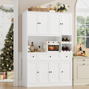 LARK MANOR™ 72.1''H x 47.2'' W Large Kitchen Pantry, Microwave Stand with Removable Wine Racks, White Pantry