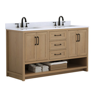 Maxbano 60" Double Bathroom Vanity With White Engineered Stone Top In Weathered Fir Finish