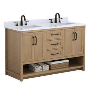 Maxbano 55" Double Bathroom Vanity With White Engineered Stone Top In Weathered Fir Finish