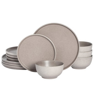Gibson Elite 12 Piece (Service for 4) Eden Rock Reactive Glaze Round Dishes Stoneware Dinnerware Set - Matte Brown