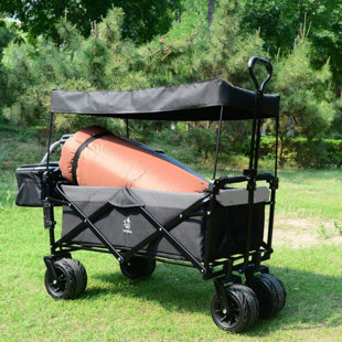 GO PEAK TRACK Collapsible Wagon 140L Wagons Carts Foldable With Removable Canopy, Folding Wagon Cart With Wheels For All-Terrain With Brake, Foldable Wagon With Cooler Bag, For Camping Beach Shopping