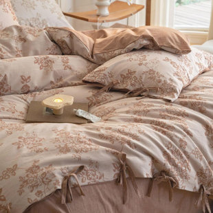 COASTALCART Chic Floral Duvet Cover Queen,Yarn-Dyed Cotton Jacquard Textured Duvet Cover With Bowknot Retro Monet Style Bedding Set-90"X90",Pumpkin