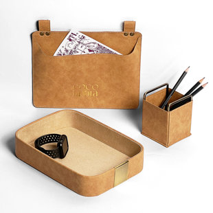 COCO LA VITA Luxury Leather Catch All Tray Office Desktop Jewelry Organizers Decorative Holder Basket For Entryway Table. Perfect For Jewelry Watch Keys Wallets Coins Cell Phones And Office (Set A) (Set of 3)