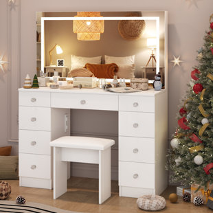 WROUGHT STUDIO™ Vanity Set With LED Mirror & Power Outlets, 9 Drawers with Diamond Handles