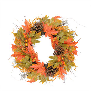 NORTHLIGHT SEASONAL Fall Leaves and Pumpkins Artificial Thanksgiving Wreath 24-Inch Unlit