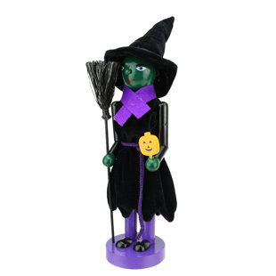 NORTHLIGHT SEASONAL 14" Black and Green Witch Jack-O-Lantern Halloween Nutcracker with Broom