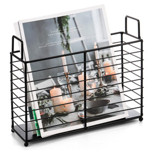 UNIVERSAL WINDOW SOLUTIONS Metal Magazine Rack, Newspaper Book Tablet Storage Basket, Folder Mail Organizer Box With Handle, Wire Black Folder Holder For Home Office Bathroom Bedroom Study Living Room