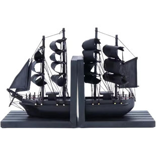 AMIPOR Wooden Ship Bookends The Black Pearl Pirate 10" Prebuilt Caribbean Coastal Sailboat Decor Nautical Gift For Enthusiasts