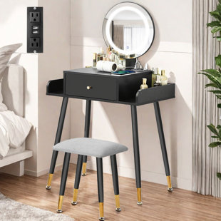 MERCER41 Ridaa Small Makeup Vanity Table Set with 3 Modes Brightness Adjustable Lighted Mirror, Compact Vanity Desk with Charging Station & Cushioned Stool, Dressing Table for Bedroom Apartment with Storage Drawer, for Kid Gift