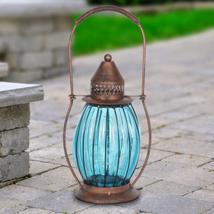 Exhart Solar Antique Metal and Glass Accent Lantern with Fifteen LED Fairy Firefly String Lights, 7 by 14"