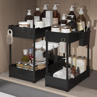 ADECO TRADING 2 Pack Under Sink Organizer, Under Bathroom Cabinet Organizer With Hooks Hanging Cup, Multi-Purpose Storage Shelf For Kitchen Bathroom, Black