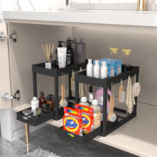 ADECO TRADING 2PC Under Sink Organizer Rack 2 Tier Under Sliding Cabinet Basket Organizer Drawer With 4 Hooks, Multi-Purpose Under Sink Storage For Bathroom Kitchen Desktop（Black）