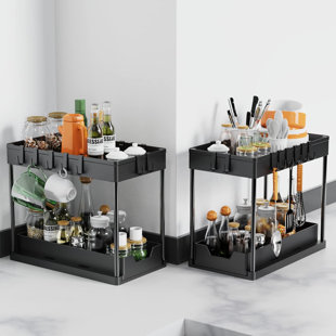 ADECO TRADING 2-Tier Sliding Cabinet Basket Organizer With Hooks, Multi-Purpose Under Sink Organizers And Storage For Bathroom Kitchen